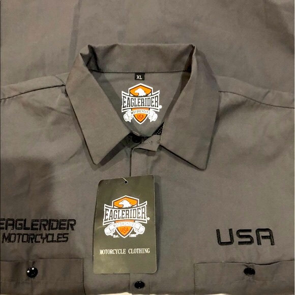 EAGLE RIDER motorcycle clothing men’s buttoned grey decaled shirt size XL NWT - Picture 11 of 14